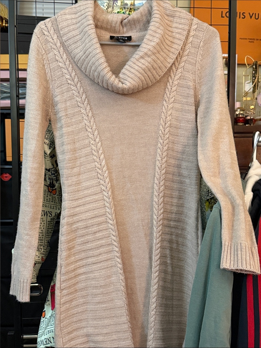 A. Byer Cowl Neck Longline Sweater M Oatmeal Cream Chunky Knit Tunic Y2K